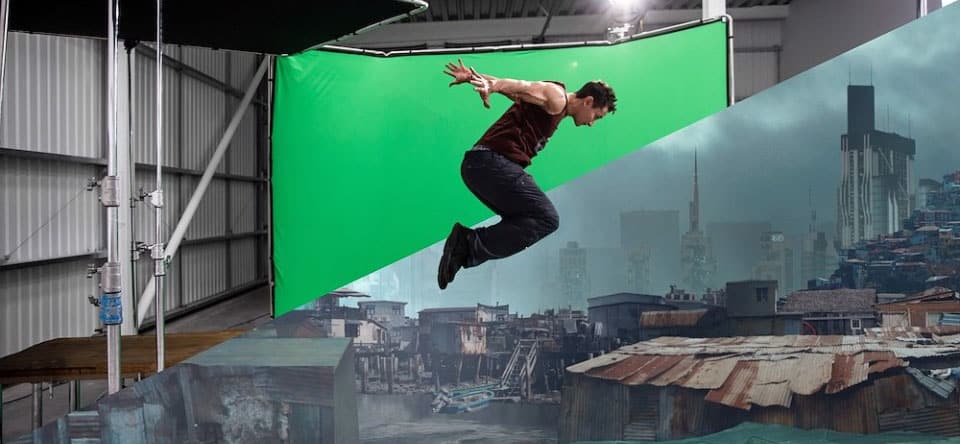 chroma key green screen in use with before and after post produciton